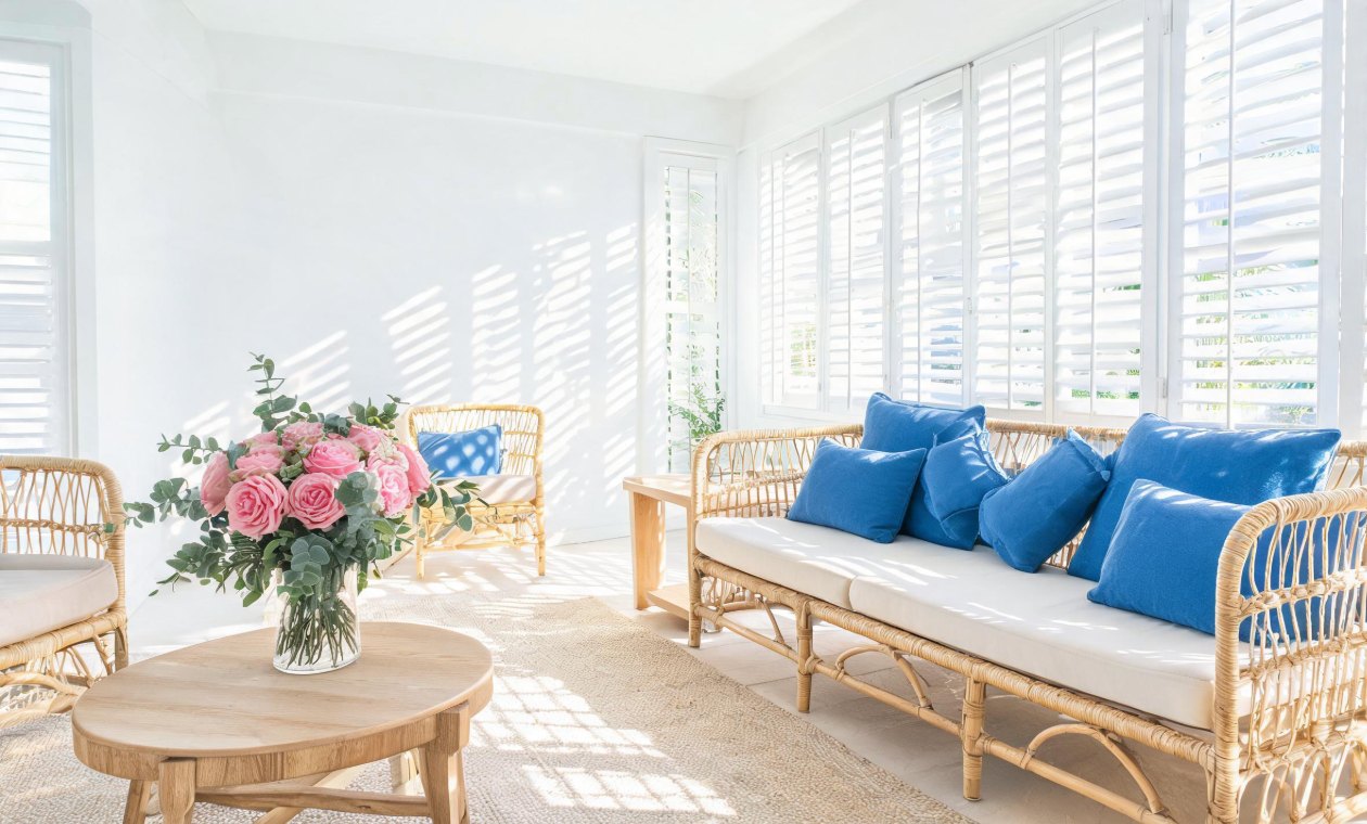 Bright living room with rattan furniture, blue cushions and a vase of silk roses